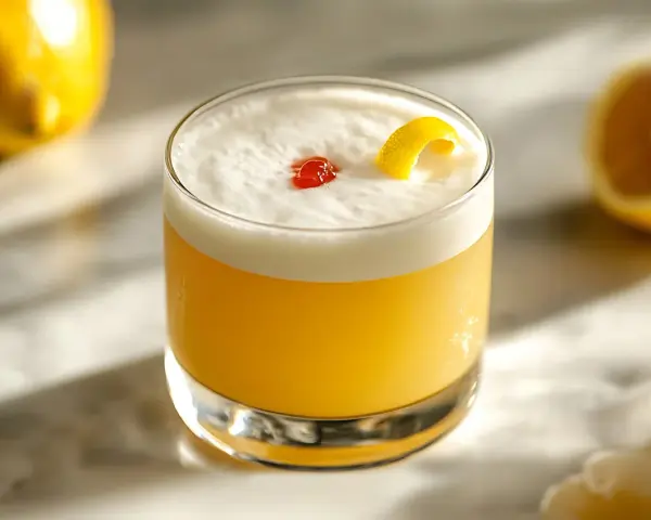 Amaretto sour przepis: puszysty koktajl z pianką, wisienką i skórką cytrynową. Idealny na letnie wieczory.
