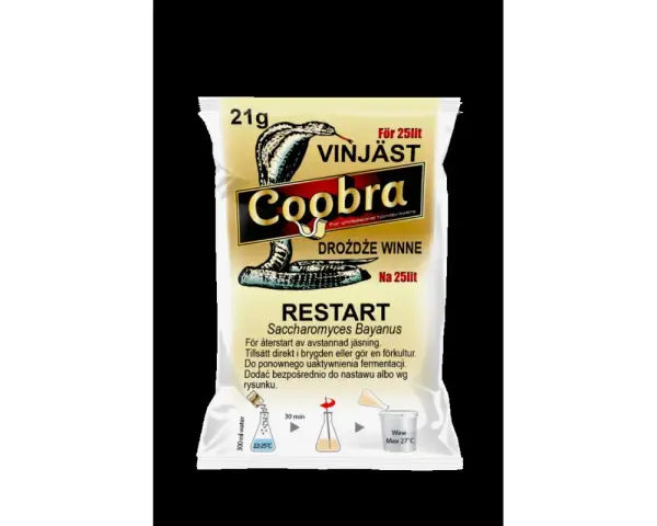 Opakowanie drożdży Coobra Restart Saccharomyces Bayanus, 21g, na 25 litrów nastawu. Idealne, gdy zastanawiasz się, ile drożdży do wina dodać, by wznowić fermentację.