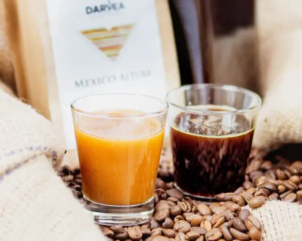 Pyszny likier kawowy przepis. Dwa kieliszki z napojami, ziarna kawy i worek z napisem "Mexico Altura".