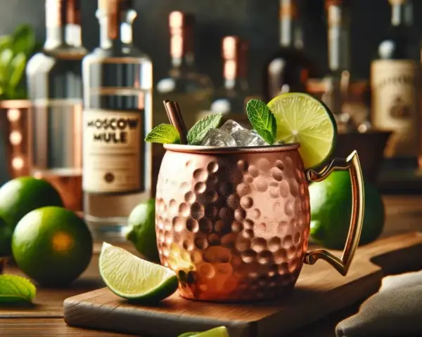 Miedziany kubek z Moscow Mule, lodem, limonką i miętą, na tle butelek i limonek.