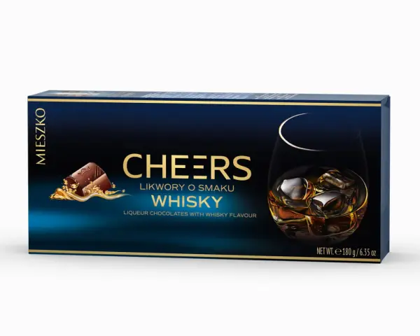 Pudełko czekoladek "Cheers" o smaku whisky. Choć whisky ma niski indeks glikemiczny, te słodkości to już inna historia.