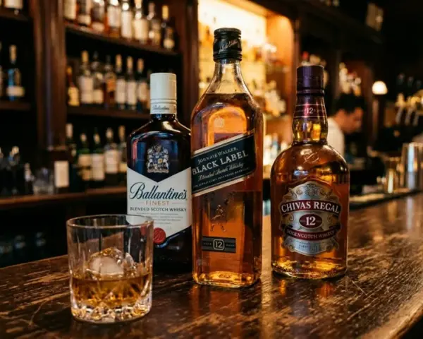 Trzy butelki blended whisky: Ballantine's, Johnnie Walker Black Label i Chivas Regal 12, stoją na barze obok szklanki z whisky i lodem.