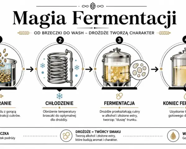 Ilustracja pokazuje, jak powstaje alkohol: od zacierania słodu, przez chłodzenie, fermentację z udziałem drożdży, aż do uzyskania gotowego "wash".