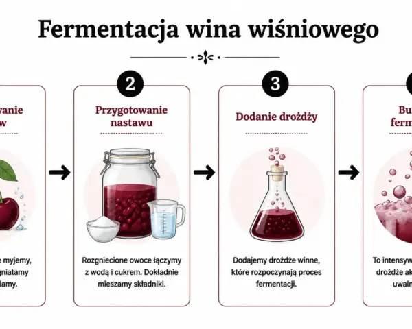 Jak zrobić wino wiśniowe: mycie i rozgniatanie owoców, dodanie wody i cukru, dodanie drożdży, burzliwa fermentacja.