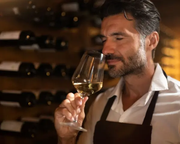 Mężczyzna wącha białe wino w kieliszku, zastanawiając się, w jakiej temperaturze robić wino. W tle stoją butelki w piwniczce.