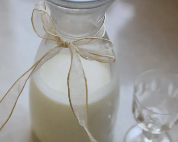 Biały płyn w karafce ozdobionej wstążką, obok pusty kieliszek. Idealne do przygotowania drinków, np. jak zrobic Malibu.