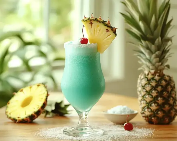 Orzeźwiający drink Malibu z sokiem ananasowym, ozdobiony plasterkiem ananasa i wisienką. Obok całe ananasy i miseczka cukru pudru.