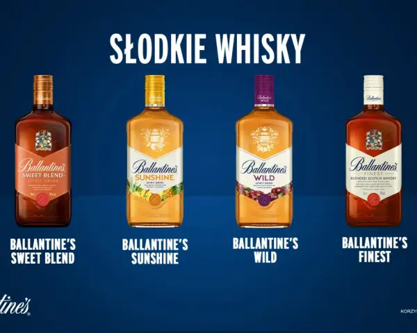 Czy Ballantines to dobra whisky? Cztery butelki słodkich whisky Ballantine's: Sweet Blend, Sunshine, Wild i Finest.