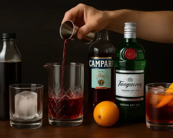 Jaki wermut do negroni? Na zdjęciu widać składniki: gin, Campari, pomarańczę i butelkę z ciemnym płynem.