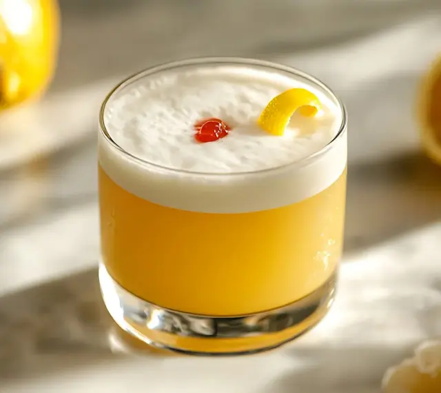 Amaretto sour przepis: puszysty koktajl z pianką, wisienką i skórką cytrynową. Idealny na letnie wieczory.