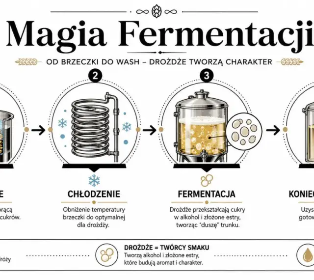 Ilustracja pokazuje, jak powstaje alkohol: od zacierania słodu, przez chłodzenie, fermentację z udziałem drożdży, aż do uzyskania gotowego "wash".