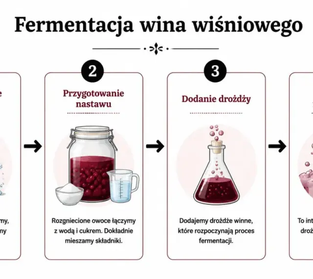 Jak zrobić wino wiśniowe: mycie i rozgniatanie owoców, dodanie wody i cukru, dodanie drożdży, burzliwa fermentacja.