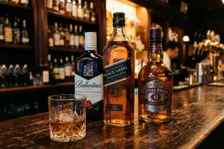 Trzy butelki blended whisky: Ballantine's, Johnnie Walker Black Label i Chivas Regal 12, stoją na barze obok szklanki z whisky i lodem.