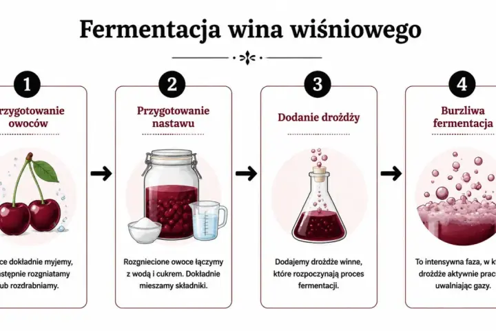 Jak zrobić wino wiśniowe: mycie i rozgniatanie owoców, dodanie wody i cukru, dodanie drożdży, burzliwa fermentacja.