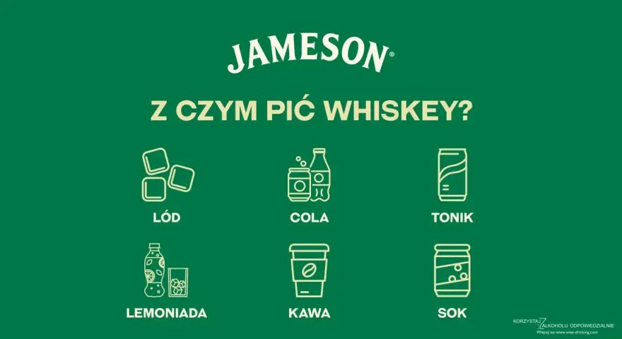 Jameson z czym pić? Lód, cola, tonik, lemoniada, kawa, sok – wybierz swój ulubiony dodatek do irlandzkiej whiskey.