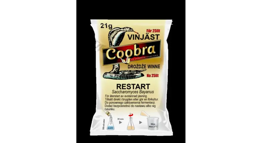 Opakowanie drożdży Coobra Restart Saccharomyces Bayanus, 21g, na 25 litrów nastawu. Idealne, gdy zastanawiasz się, ile drożdży do wina dodać, by wznowić fermentację.