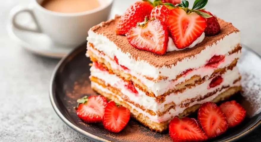 Pyszny deser truskawkowy z kremem i kawą. Idealny, gdy szukasz czegoś, czym zastąpić amaretto w deserach.