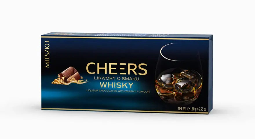 Pudełko czekoladek "Cheers" o smaku whisky. Choć whisky ma niski indeks glikemiczny, te słodkości to już inna historia.