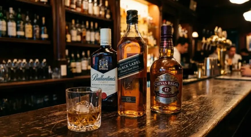 Trzy butelki blended whisky: Ballantine's, Johnnie Walker Black Label i Chivas Regal 12, stoją na barze obok szklanki z whisky i lodem.