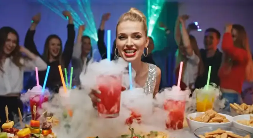 Impreza z drinkami i dymem. Czy suchy lód jest jadalny? Nie, ale wygląda efektownie w napojach!