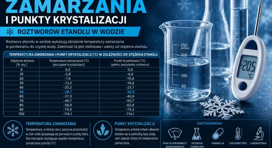 Tabela pokazuje zależność temperatury parowania alkoholu od jego stężenia w wodzie. Termometr wskazuje -20.5°C.