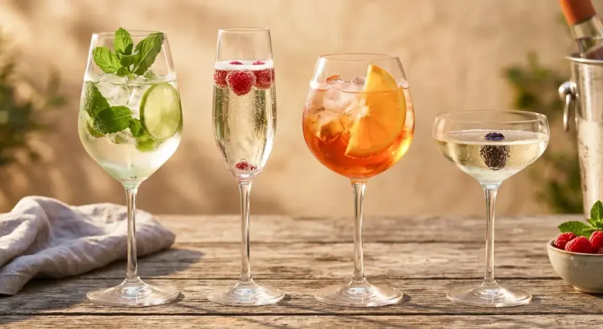 Cztery drinki na drewnianym stole: mojito, prosecco z malinami, Aperol Spritz i kieliszek prosecco z jeżyną. Idealne inspiracje, jak pić prosecco i inne orzeźwiające napoje.