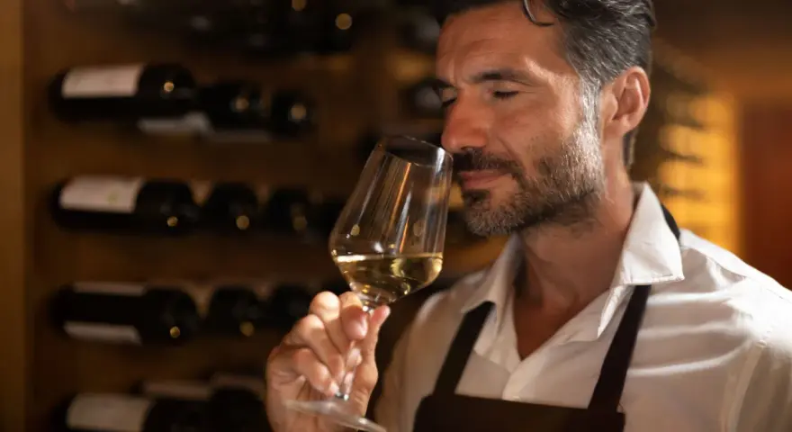 Mężczyzna wącha białe wino w kieliszku, zastanawiając się, w jakiej temperaturze robić wino. W tle stoją butelki w piwniczce.
