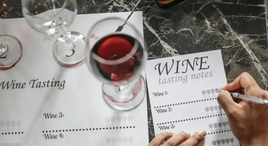 Degustacja wina, gdzie notuje się wrażenia. "Serve chilled wino co to znaczy?" - to pytanie o temperaturę podania.
