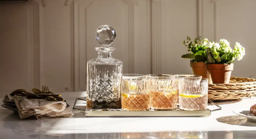 Elegancka karafka i szklanki z drinkami, idealne do serwowania bourbonu. Z czym pić bourbon? Z lodem i cytryną, jak na zdjęciu.
