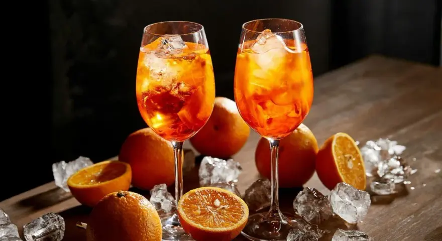 Dwa kieliszki orzeźwiającego aperol z colą, ozdobione pomarańczami i lodem, kuszą letnim smakiem.
