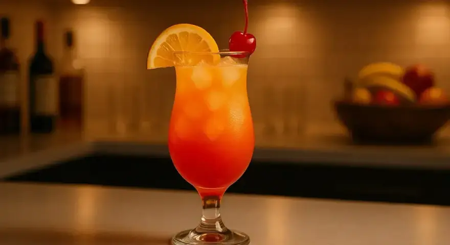 Kolorowy drink Sex on the Beach z Malibu, ozdobiony pomarańczą i wiśnią. Idealny przepis na letnie orzeźwienie.