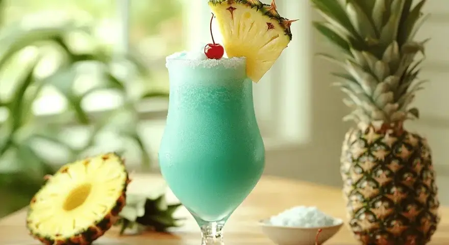 Orzeźwiający drink Malibu z sokiem ananasowym, ozdobiony plasterkiem ananasa i wisienką. Obok całe ananasy i miseczka cukru pudru.