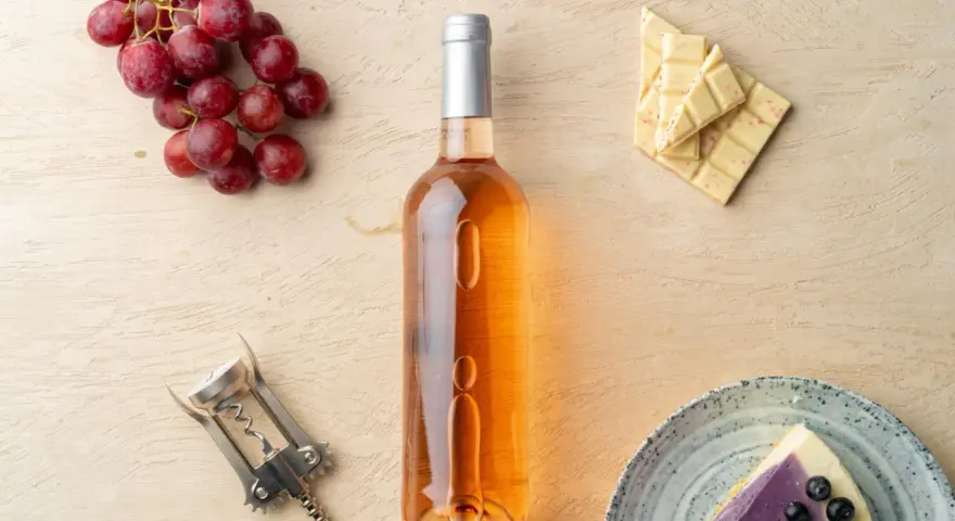 Różowe wino z winogron deserowych, biała czekolada z malinami i kawałek sernika z jagodami.