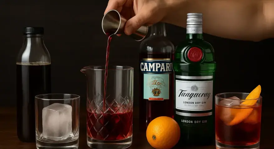Jaki wermut do negroni? Na zdjęciu widać składniki: gin, Campari, pomarańczę i butelkę z ciemnym płynem.