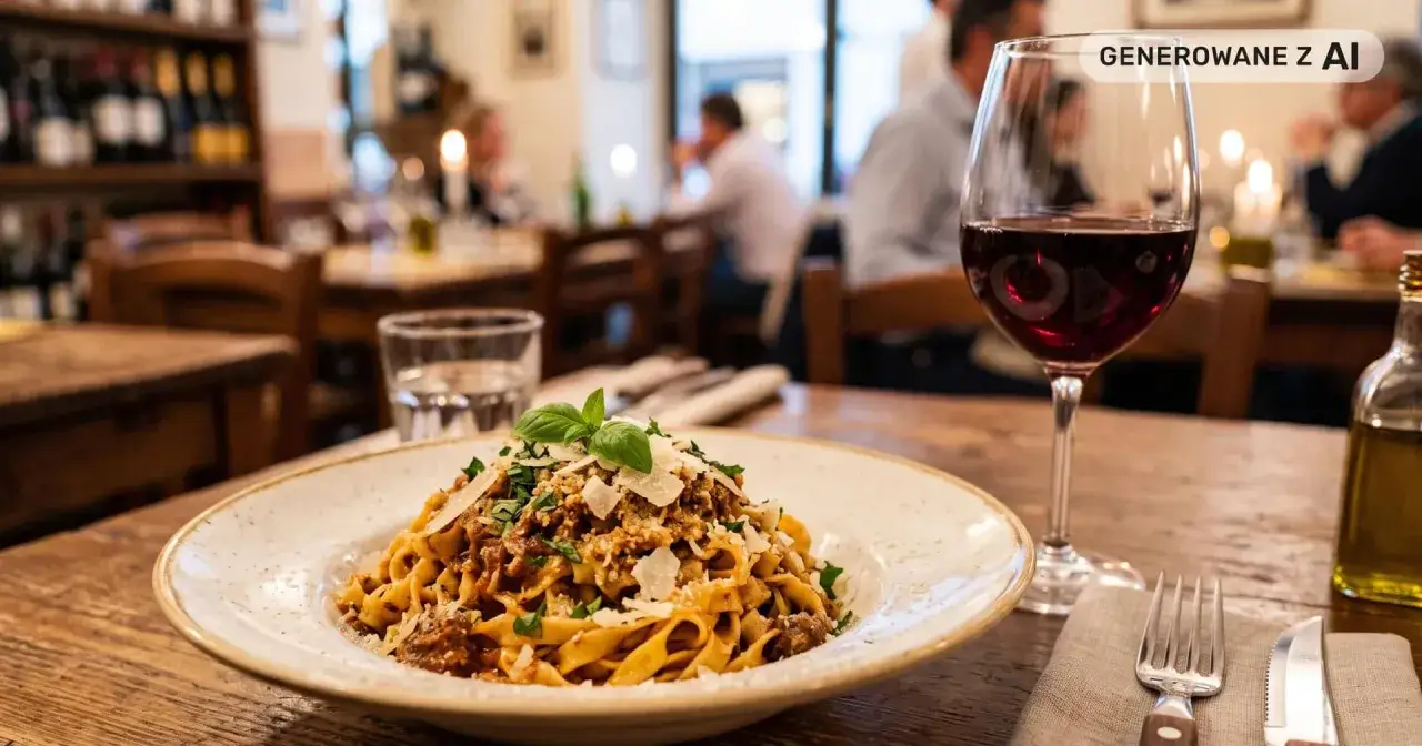 Talerz tagliatelle bolognese z parmezanem, kieliszek czerwonego wina i buteleczka oliwy na drewnianym stole w restauracji.