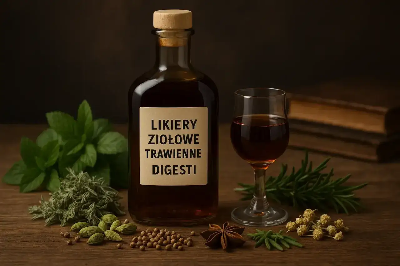 Butelka z ziołowym likierem, kieliszek z bursztynowym płynem i aromatyczne przyprawy. To jest właśnie digestif, idealny po posiłku.