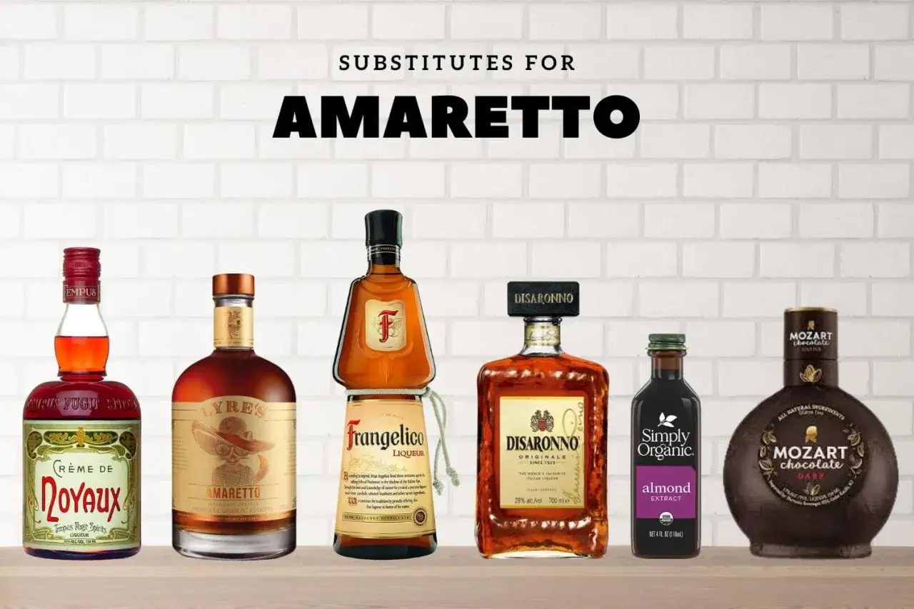 Szukasz czym zastąpić amaretto? Zobacz butelki z likierami: Cr&egrave;me de Noyaux, Lyre's Amaretto, Frangelico, Disaronno, Simply Organic Almond Extract i Mozart Chocolate.