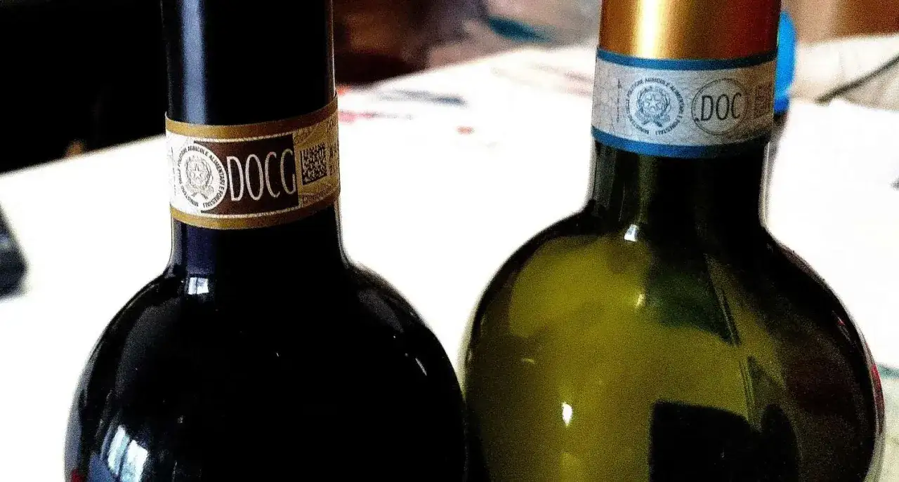 Dwie butelki wina z etykietami DOCG i DOC. Czy prosecco to wino? Tak, to wino musujące.