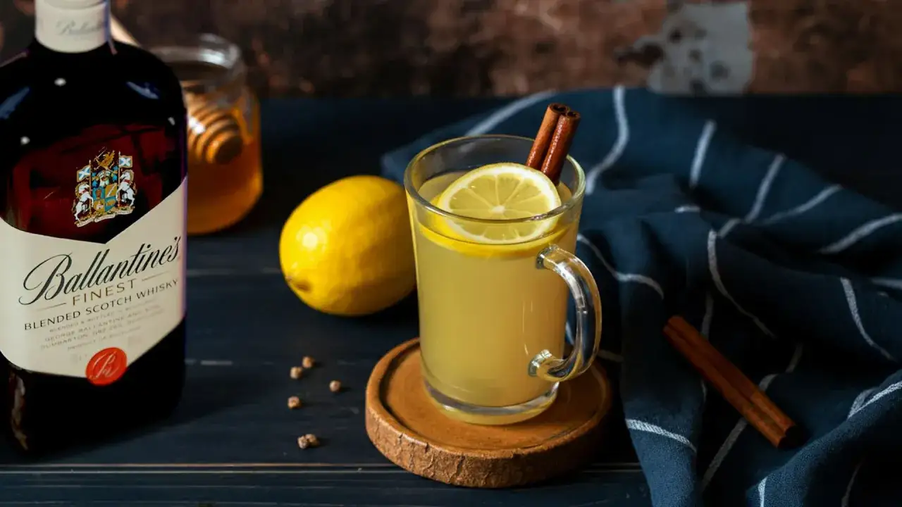 Ciepły nap&oacute;j z whisky, miodem, cytryną i cynamonem. Obok butelka Ballantine's i słoiczek miodu.