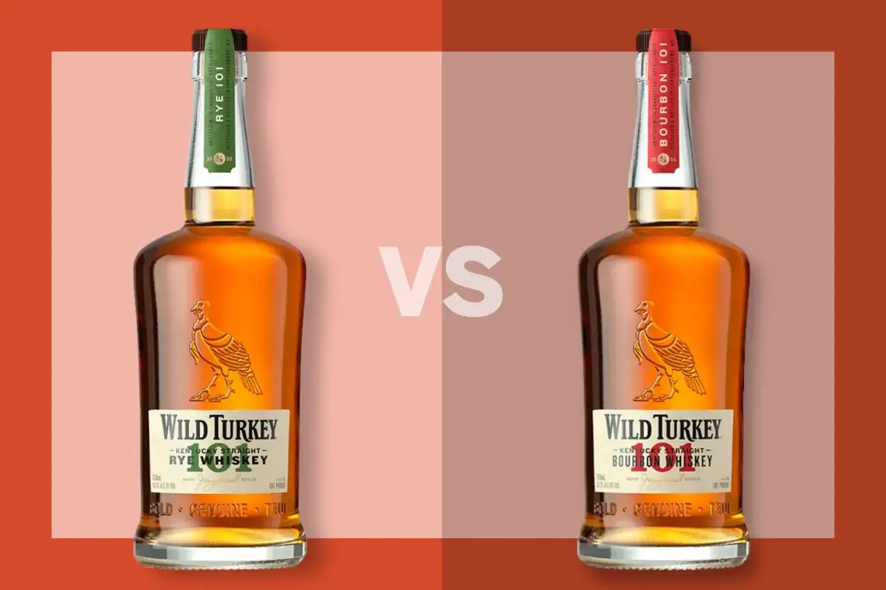 Dwie butelki Wild Turkey: jedna to amerykańska whisky z kukurydzy (bourbon), druga to żytnia.