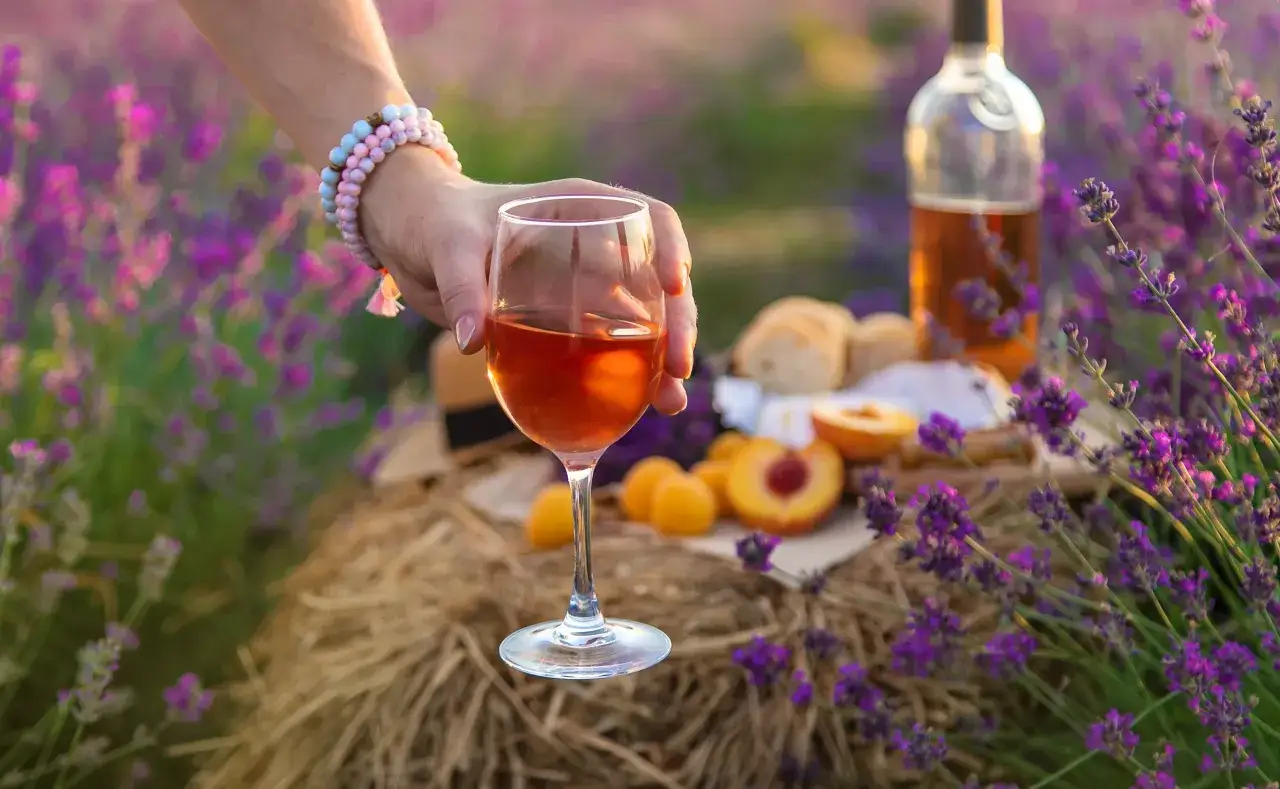 Ręka trzyma kieliszek r&oacute;żowego wina na tle pola lawendy. Obok butelka wina, chleb i brzoskwinie. Idealny spos&oacute;b, by dowiedzieć się, jak dosłodzić wino po fermentacji.