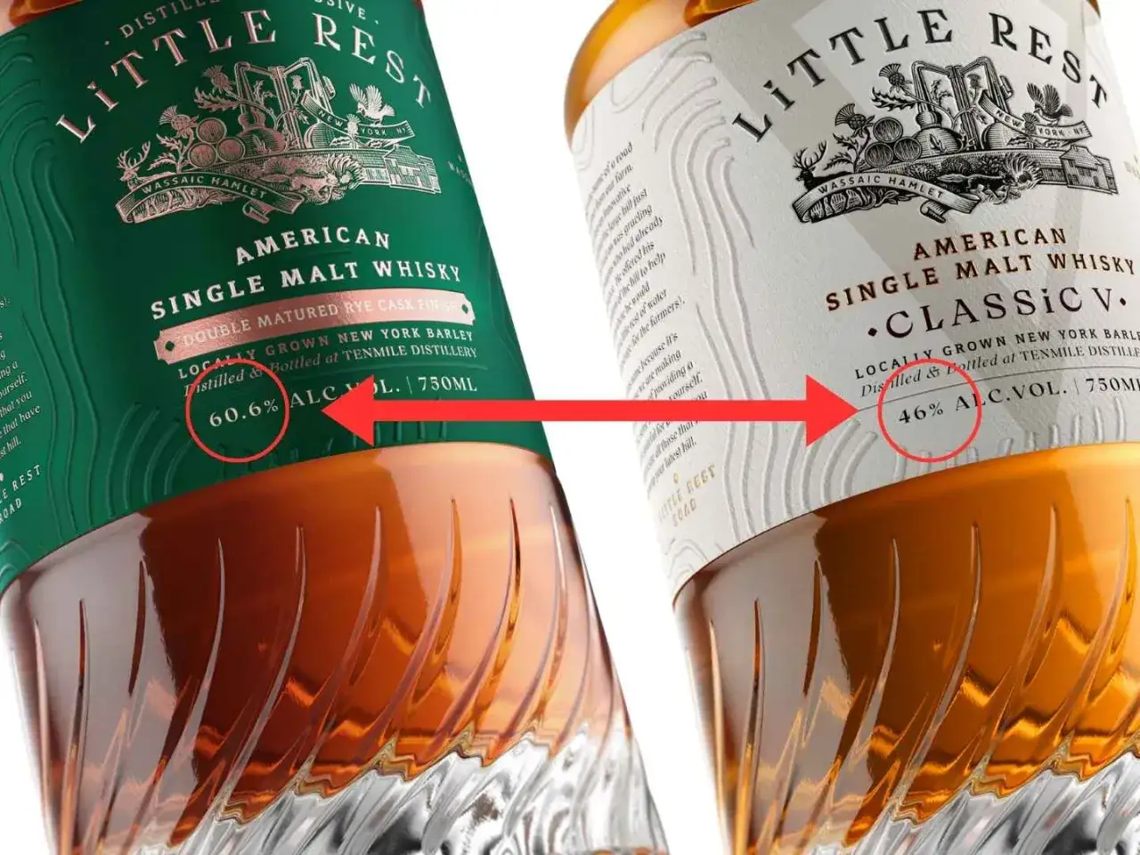 Dwie butelki whisky Little Rest: jedna ma 60,6% alkoholu, druga 46%.