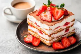 Pyszny deser truskawkowy z kremem i kawą. Idealny, gdy szukasz czegoś, czym zastąpić amaretto w deserach.
