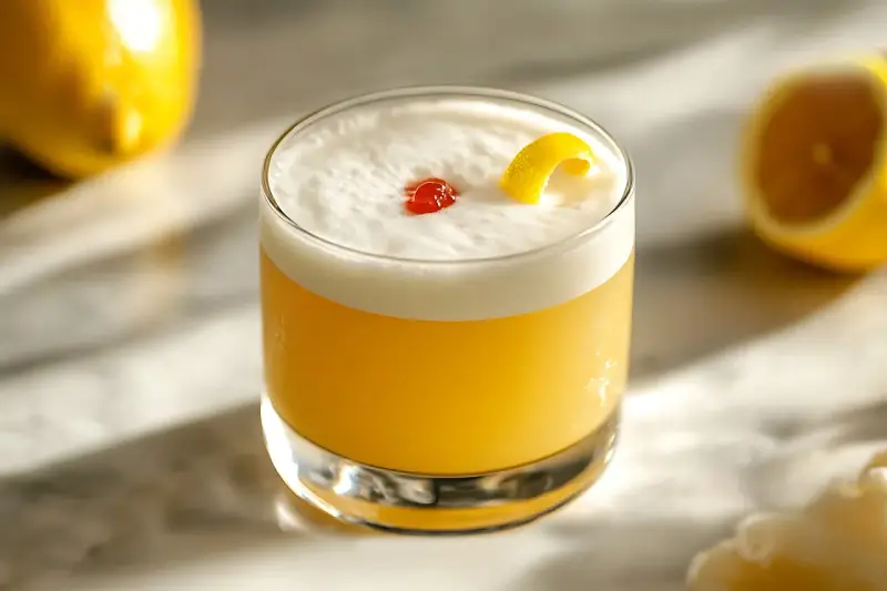 Amaretto sour przepis: puszysty koktajl z pianką, wisienką i skórką cytrynową. Idealny na letnie wieczory.