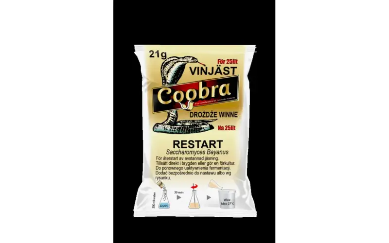 Opakowanie drożdży Coobra Restart Saccharomyces Bayanus, 21g, na 25 litrów nastawu. Idealne, gdy zastanawiasz się, ile drożdży do wina dodać, by wznowić fermentację.