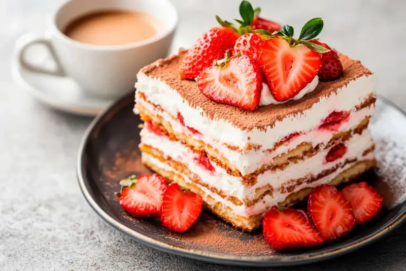 Pyszny deser truskawkowy z kremem i kawą. Idealny, gdy szukasz czegoś, czym zastąpić amaretto w deserach.
