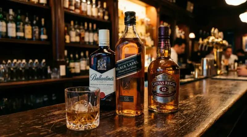 Trzy butelki blended whisky: Ballantine's, Johnnie Walker Black Label i Chivas Regal 12, stoją na barze obok szklanki z whisky i lodem.