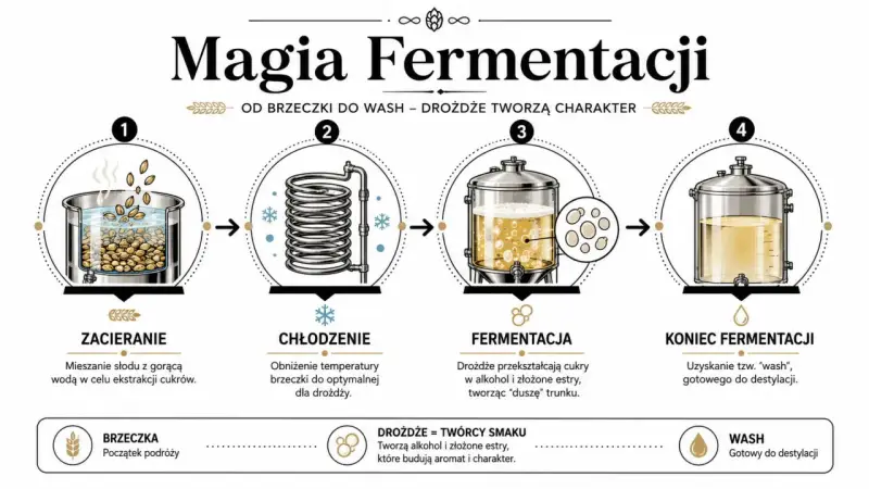 Ilustracja pokazuje, jak powstaje alkohol: od zacierania słodu, przez chłodzenie, fermentację z udziałem drożdży, aż do uzyskania gotowego "wash".