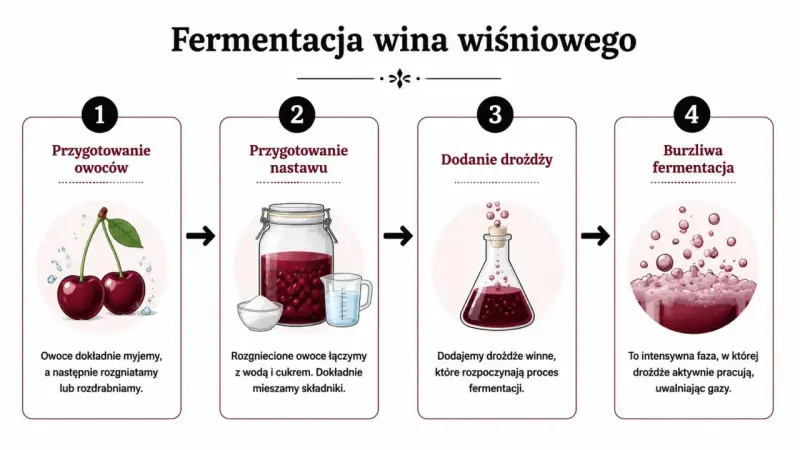 Jak zrobić wino wiśniowe: mycie i rozgniatanie owoców, dodanie wody i cukru, dodanie drożdży, burzliwa fermentacja.
