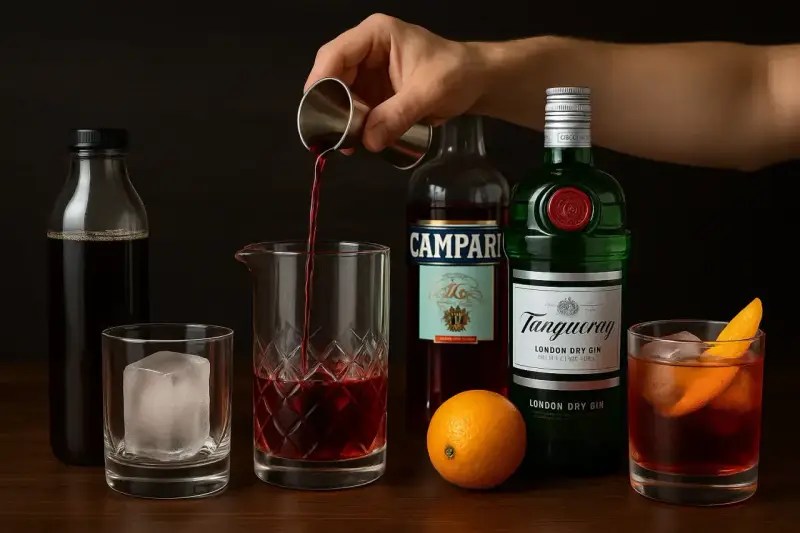 Jaki wermut do negroni? Na zdjęciu widać składniki: gin, Campari, pomarańczę i butelkę z ciemnym płynem.